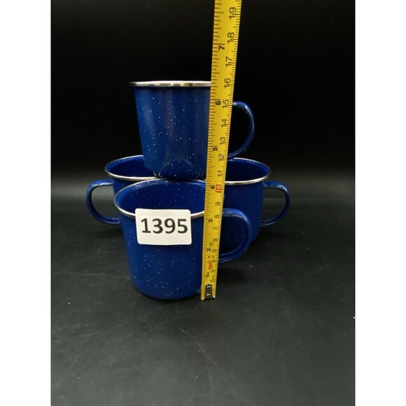 Set Of 4 Metal Enamelware Speckled Blue 3.25” Silver Rim Mug Camping 12oz G - Picture 7 of 7